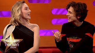 Saoirse Ronan amp Timothée Chalamet Joke About Pronouncing Timothée Chalamet [upl. by Connolly]