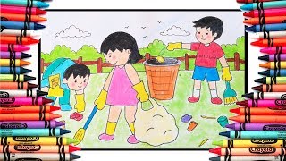 How to draw people cleaning environment easy drawing for beginners [upl. by Sharos640]