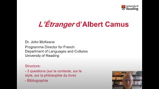 French L’Étranger d’Albert Camus  Dr John McKeane University of Reading [upl. by Yoc]