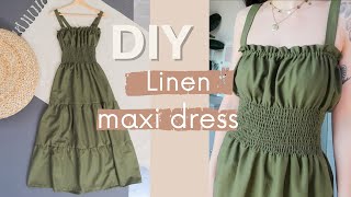 How To Make a Shirred Linen Maxi Dress with a Tiered Skirt  How to make Shirring  Owlipop DIY [upl. by Rehtnug]