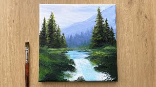 Acrylic Painting for Beginners  Forest Trees Mountain Landscape Painting [upl. by Brit]