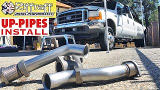 2001 F350 73  RiffRaff UpPipes Install  Stock up pipes leaking and falling apart JUNK SP [upl. by Alyakam642]