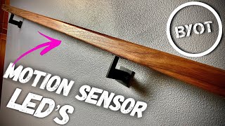 How To Install Stair Handrail On Stairs  DIY WALNUT RAIL WITH MOTION SENSOR LIGHT [upl. by Burris]