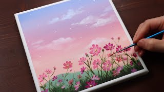 Cosmos Flowers  Landscape  Easy acrylic painting for beginners  PaintingTutorial  Painting ASMR [upl. by Ahk764]