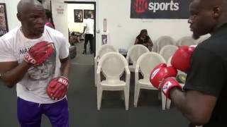 Floyd Mayweather Sr padwork with unbeaten TMT star Andrew Tabiti [upl. by Holtz]