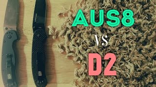 Edge Retention Test AUS8 vs D2  Ontario Rat 1 Steel Options Compared [upl. by Ahsikrats]